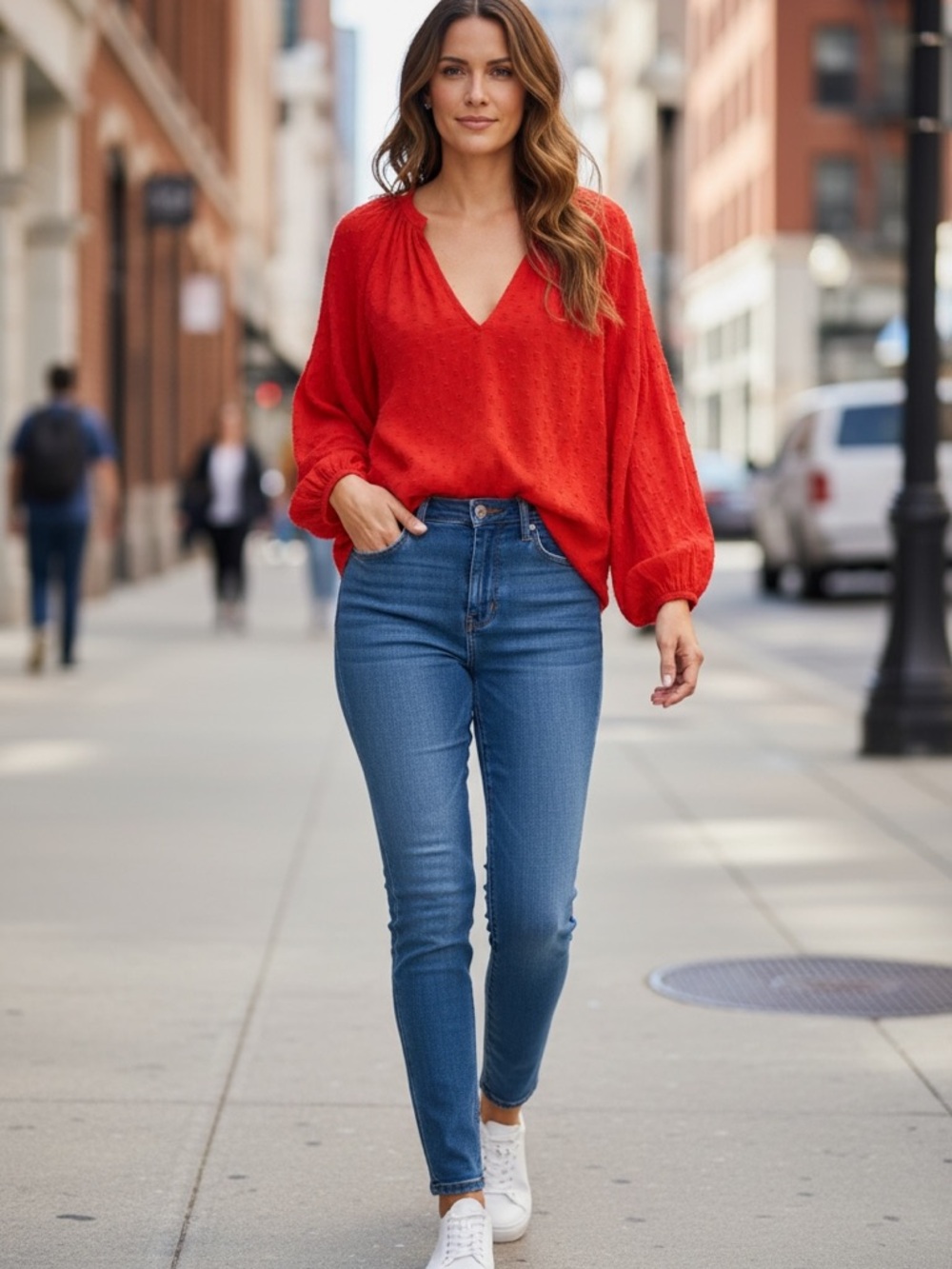 Universal Thread Red Peasant Blouse with Subtle Print